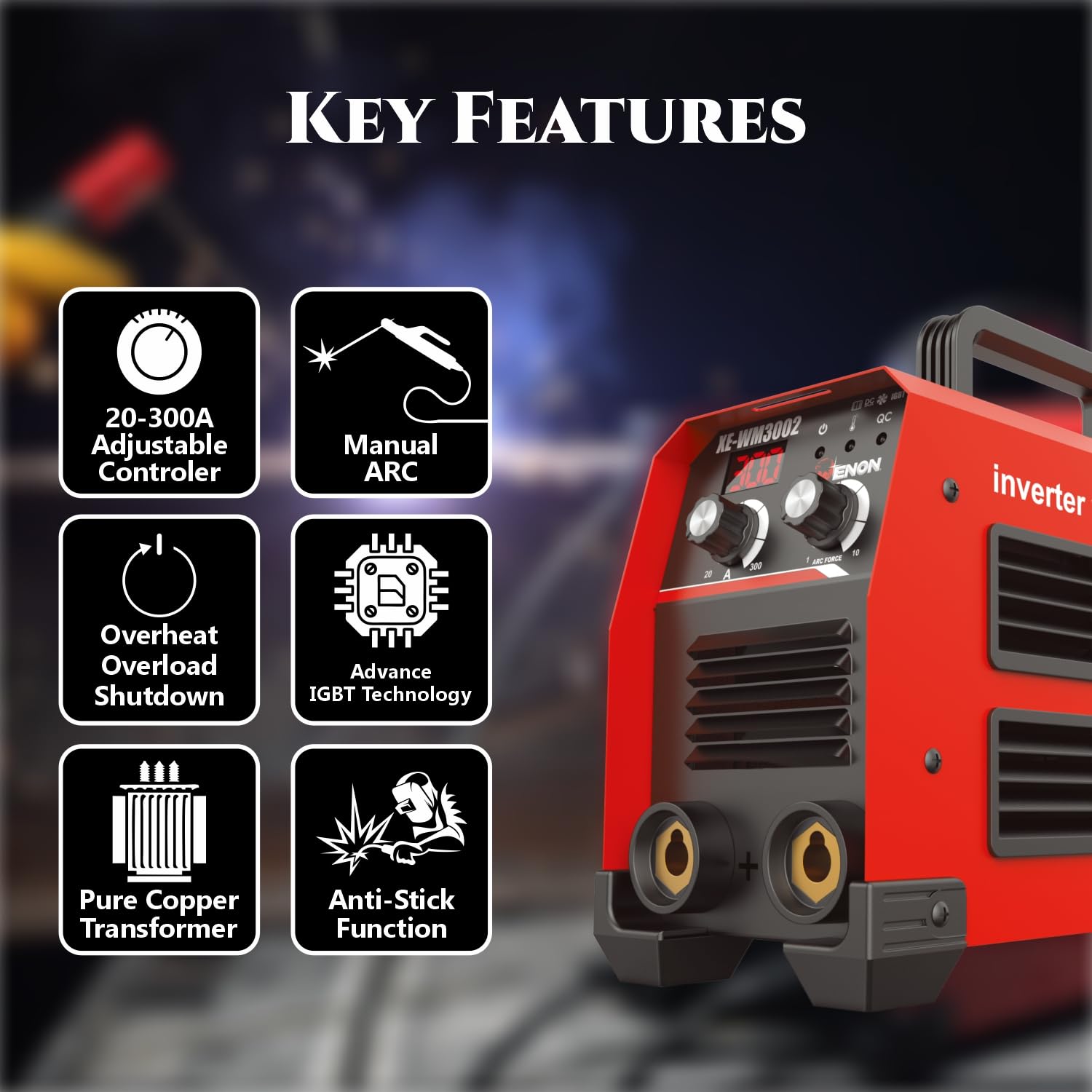 ENON Inverter ARC Welding Machine 20-300A (Advanced IGBT) 16400W, Hot Start, ARC Force, Anti-Stick, Portable (XE-WM3002) ENON Inverter ARC Welding Machine 20-300A (Advanced IGBT) 16400W, Hot Start, ARC Force, Anti-Stick, Portable (XE-WM3002)